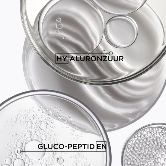 Bols en verre contenant une crème blanche, des bulles et de petites perles. Texte : ACIDE HYALURONIQUE, Gluco-PEPTIDES.