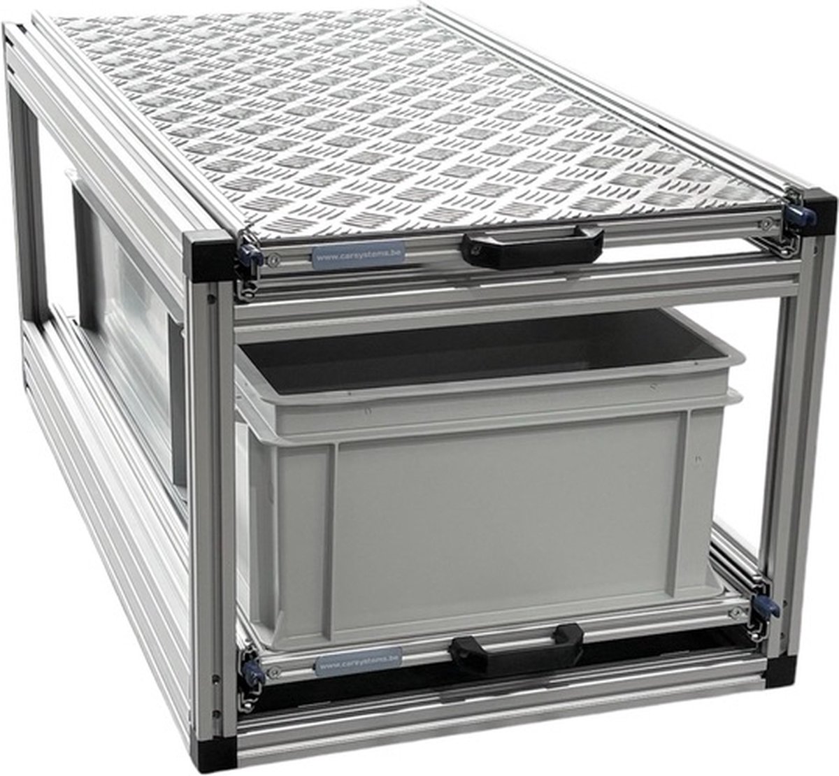 Dubbel schuifframe voor camper 90x40 cm - met 2 open bakken en aluminium plaat - 130 kg belastbaar