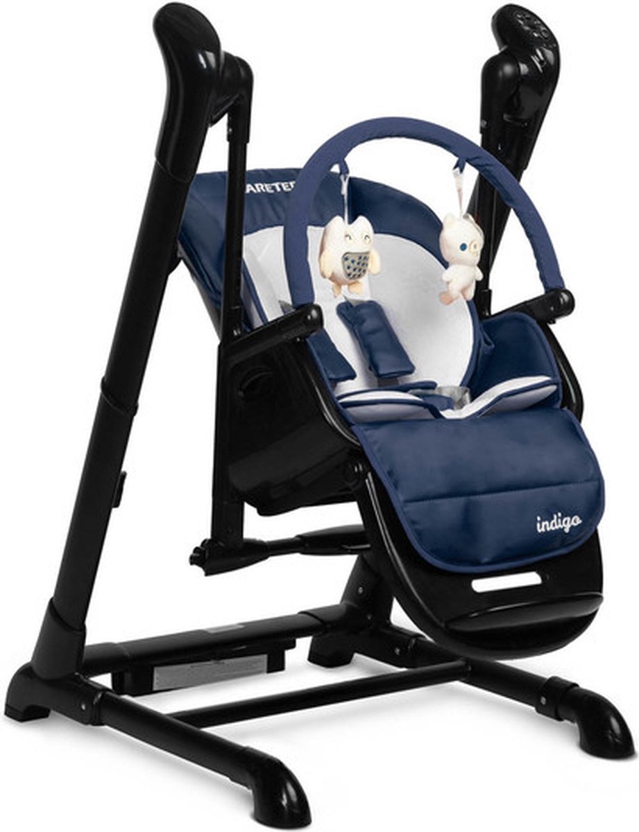 Caretero Indigo Kinderstoel + Schommel Zwart Marineblauw - Babystoel - Baby Eetstoel - Babystoel voor aan Tafel - Voor Kinderen van 1 Maand tot 4 Jaar - Verstelbare Hoogte en Voetensteun - Groot Dubbel Blad - Kinderstoeltje voor Peuter - Peuterstoel