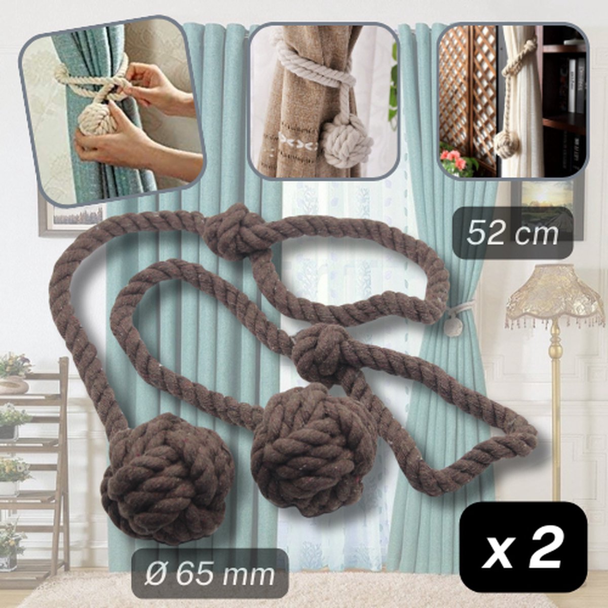 1 PAAR LUXE KATOEN GORDIJNHOUDERS/EMBRASSES GORDIJN, GORDIJNKOORD om te Knopen, Lengte 52CM, Dikte 65MM, Kleur DONKERBRUIN