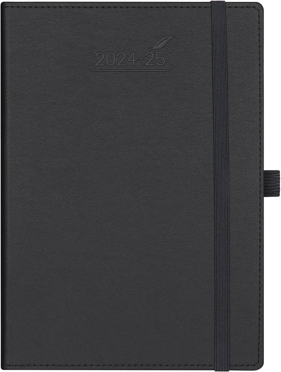 Zakagenda 2024-2025 - A5 PU-leder hardcover planner met weekoverzicht en penhouder - zwart