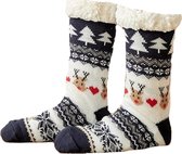Kerstsokken met bont - donker blauw wit Noorse print - huissokken - dames - maat 37 - 41