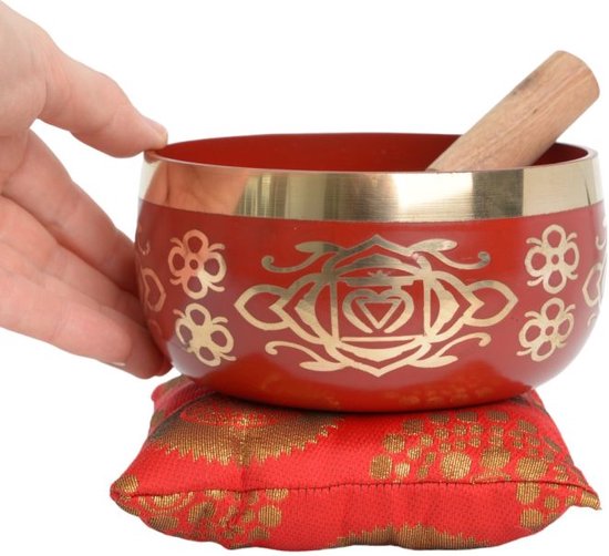 Klankschaalset met klopper en kussen - 1e chakra - klankschaal chakra 1 - het hart Chakra, dat geassocieerd wordt met de kleur rood — afbeelding 4