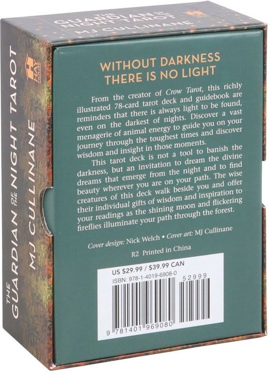 Achterkant van de doos van The Guardian of the Night Tarot met tekst.