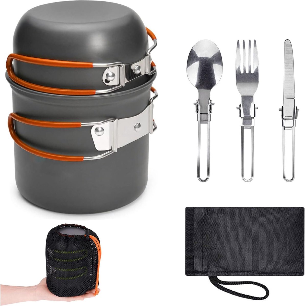 Aluminium Campingkookset 7-delig met Opvouwbaar Bestek voor 2 Personen