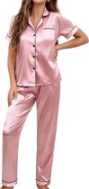 Boncy® Pyjama Set Dames Satijn Roze - Pyama Nachtkleding Volwassenen - Pyjamabroek Meisje - Maat M