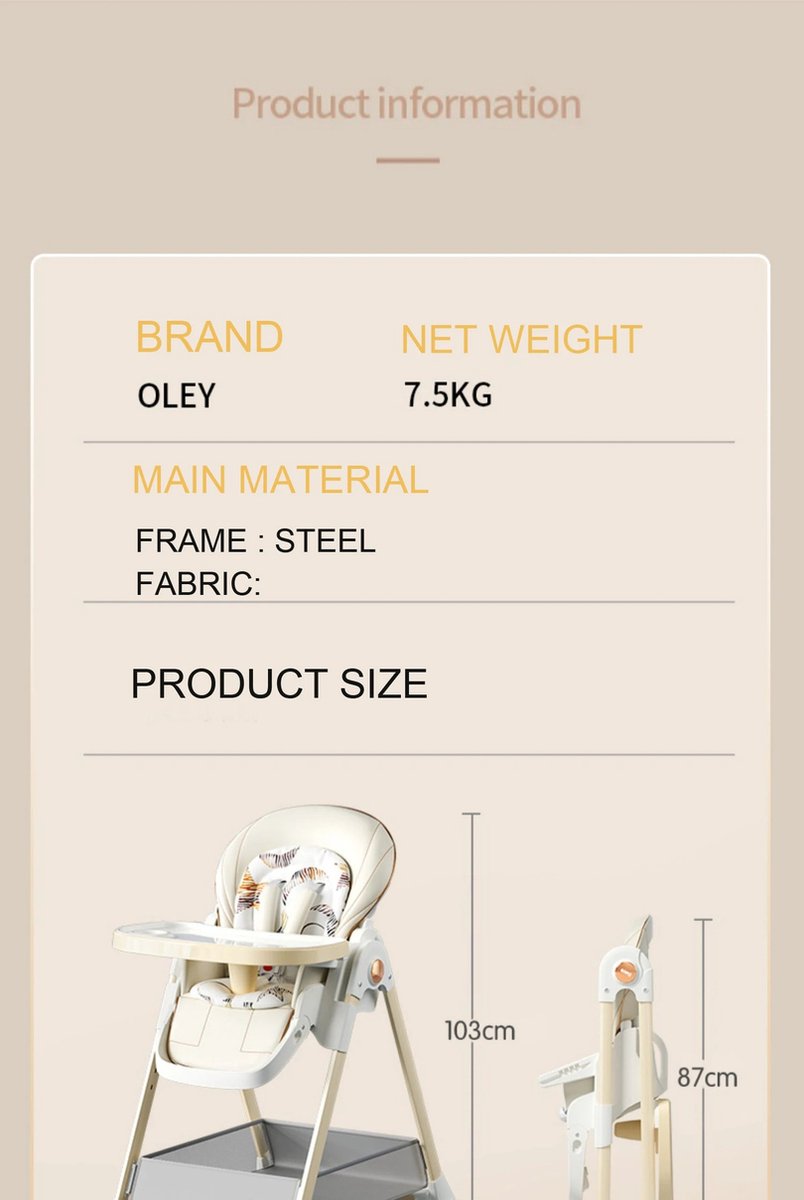 RM Store® - Baby Eetstoel - 2-in-1 Baby Eetstoel & Voederstoel - Voedingsstoel Met Wielen - Hoge Baby Stoel - Met Tafel - Verstelbare Hoge Stoel - Wit - 55x85x103 cm. – foto 3