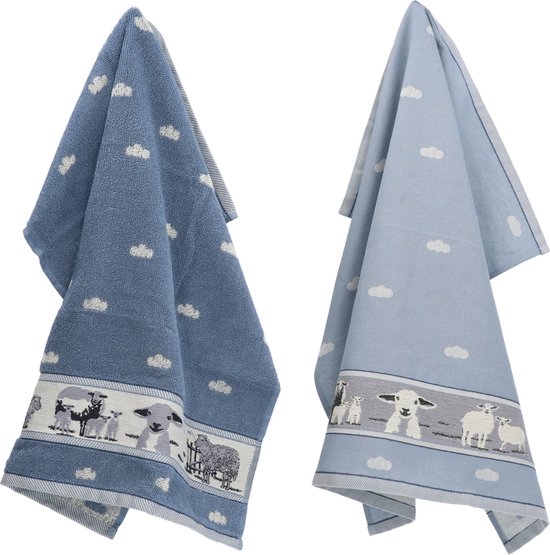 Torchon de Cuisine et Torchon de Luxe Mouton Grijs Blauw| 65,00 x 65,00 cm du château de Bunzlau | 100% coton biologique | Torchon 60x53cm et Torchon 65x65cm