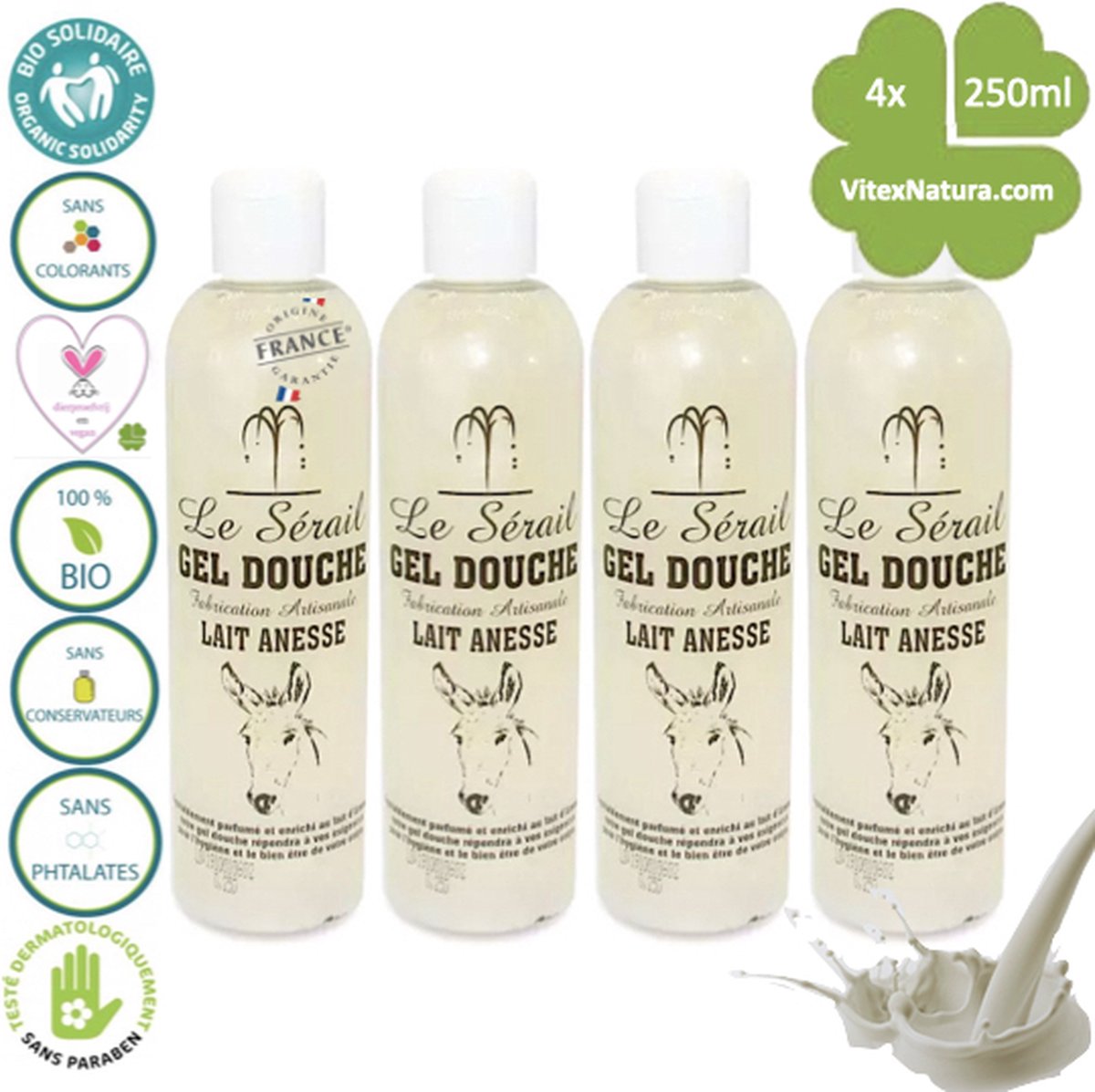 Goedkoopste Ezelinnenmelk douchegel 4x250ml | Ideaal voor de gevoelige en probleemhuid | Franse ambacht | plantaardig, hypo allergeen.
