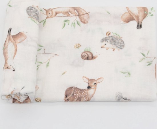 Hydrofiele Doek XL – 120x120 cm – Inbakerdoek Bamboe & Katoen – Eekhoorn, Egel & Vosje Print – Swaddle Doek Baby – Kraamcadeau — afbeelding 3