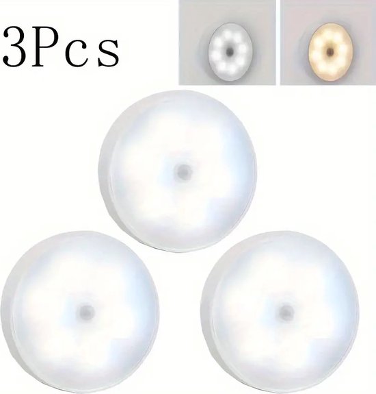 Set van drie ronde, witte, oplaadbare kastlampen met een zachte gloed. Twee kleine voorbeelden tonen wit en warm licht.