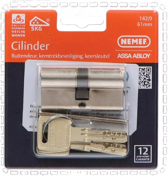 Nemef cilinder in verpakking met drie sleutels, security card, schroef en SKG keurmerk.