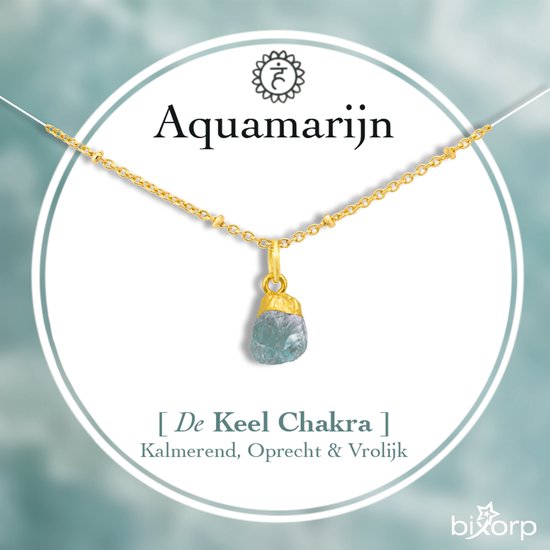 Bixorp Aquamarijn Chakra Ketting - Goud Vergulden Roestvrij Staal - Ruwe Edelsteen Hanger - 36cm + 8cm verstelbaar