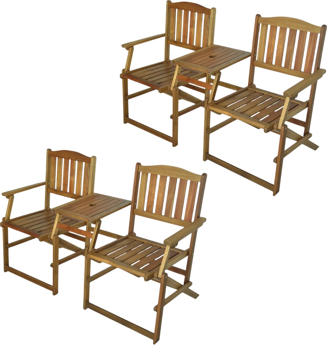 Tuinset SET van 2 inklapbaar infinite Loveseat B 141 x D 61 x H 87 cm met tafel geolied Acaciahout - met Parasolgat - Tuinbank - Tuinstoel - voor op het balkon - Balkonstoel - Tete-a-Tete Tuinbank - Duurzaam Hardhout - Luxe Design
