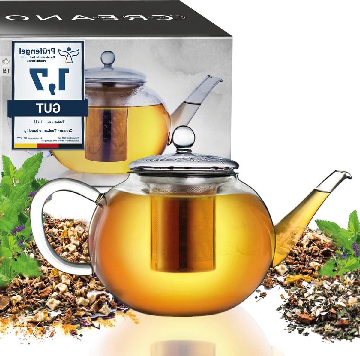 Theepot Premium glazen hittebestendige kan met deksel 17 liter zeef thermo