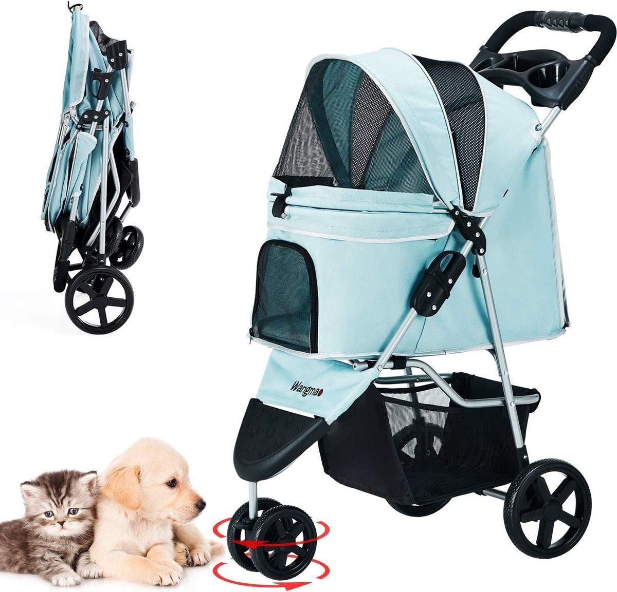 Opvouwbare Hondenbuggy voor Kleine Honden en Katten - Driewielige Buggy met Regenhoes en Opbergmand - Tot 15 kg - Blauw
