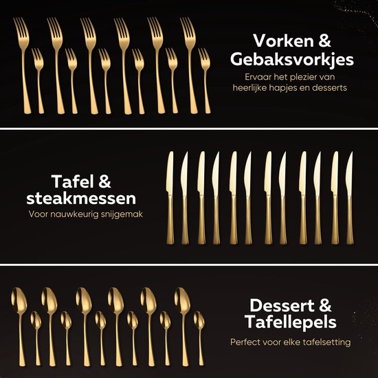 Gouden bestek: Vorken & Gebaksvorkjes, Tafel- & Steakmessen, Dessert- & Tafellepels.