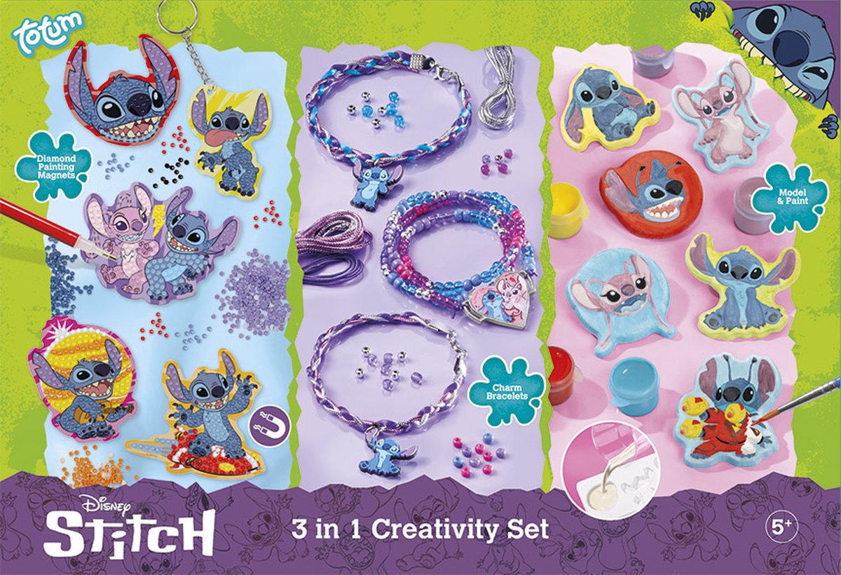 Disney Stitch Totum 3 in 1 knutselset XL - armbandjes, gips gieten, diamond painting magneten en sleutelhanger knutselen - creatief speelgoed cadeau tip knutselen jongens en meisjes vanaf 5 jaar — afbeelding 2