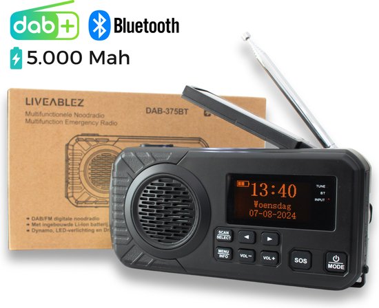 Foto: Liveablez draagbare noodradio met dab fm opwindbare noodradio radio opwindbaar radio met powerbank 5000mah bluetooth zonne energie survival radio noodradio met zaklamp en leeslamp perfect voor kamperen en noodpakket