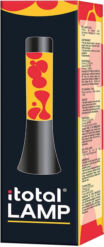 Verpakking van een iTotal lamp met rode en gele lava, met tekst in het Nederlands en Engels.