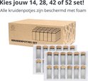 Verpakking van Organess kruidenpotjes, keuze uit sets van 14, 28, 42 of 52 potjes. Potjes beschermd met foam.