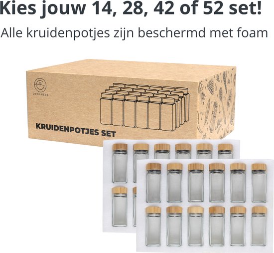 Verpakking van Organess kruidenpotjes, keuze uit sets van 14, 28, 42 of 52 potjes. Potjes beschermd met foam.