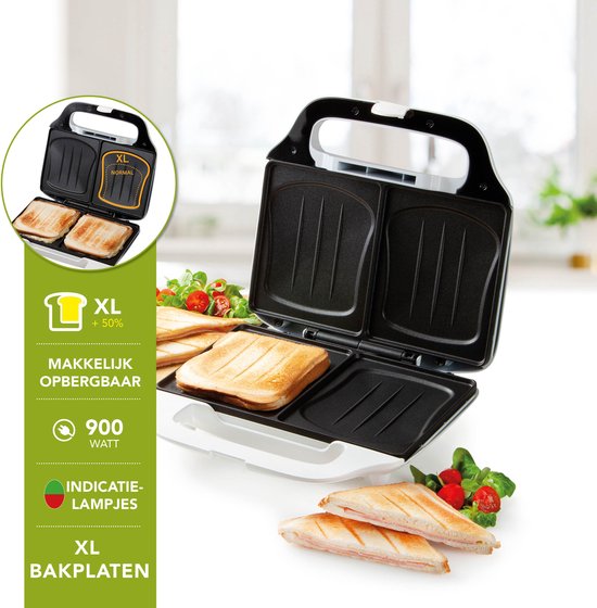 Appareil à croque-monsieur blanc ouvert avec deux sandwichs grillés. Contient des informations sur la taille XL et 900 Watts.