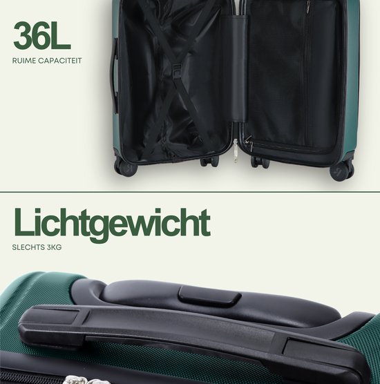Open donkergroene handbagage koffer van 36L met ruime capaciteit en lichtgewicht ontwerp van 3kg.
