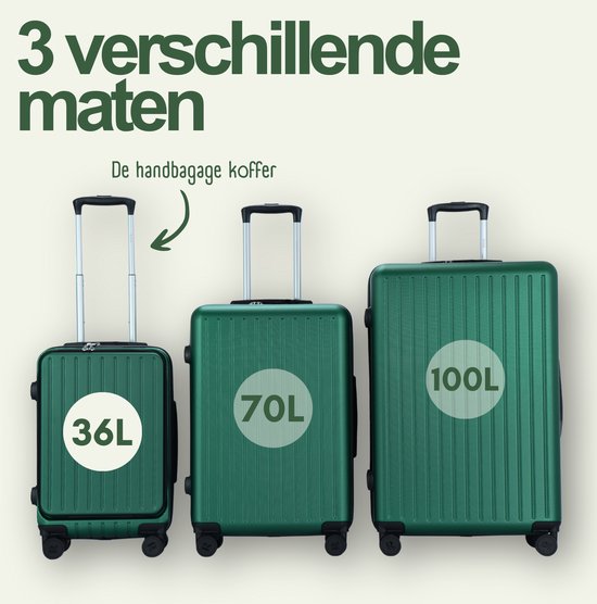 Drie donkergroene koffers van RYER in maten 36L, 70L en 100L.