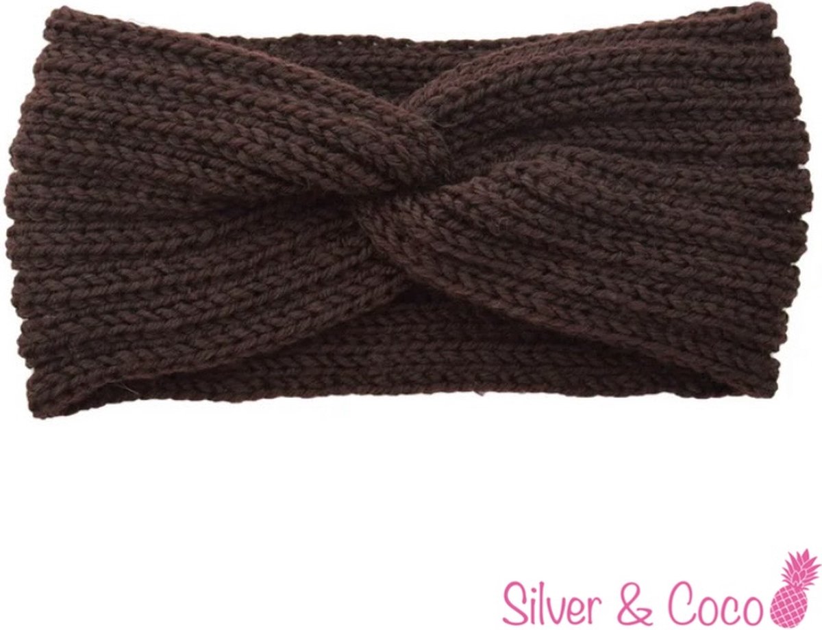 SilverAndCoco® - Winter Haarband Dikke Warme Fluffy Elastische Hoofdband Gedraaid Wol / Geribbelde Wollen Brede Haarbanden Dames / Zachte Witte Warm Bonten Elastische Meisjes Knoop Breed - Donker Bruin