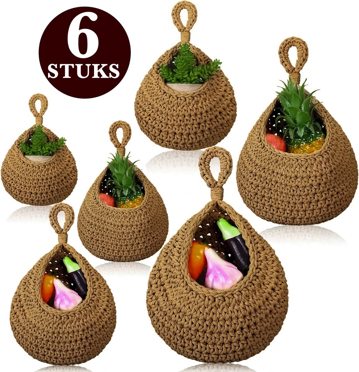 6 Stuks Macrame Hangende Fruitmand - Bohemian Mand Plantenhanger - Handgemaakt Katoen Touw Fruitschaal Hangmand - Boho Ophangbaar Etagere - Decoratieve Fruit Schaal/Basket - Opbergmand organizer - Keuken/Balkon Decoratie - Hangpot voor Binnen/Buiten