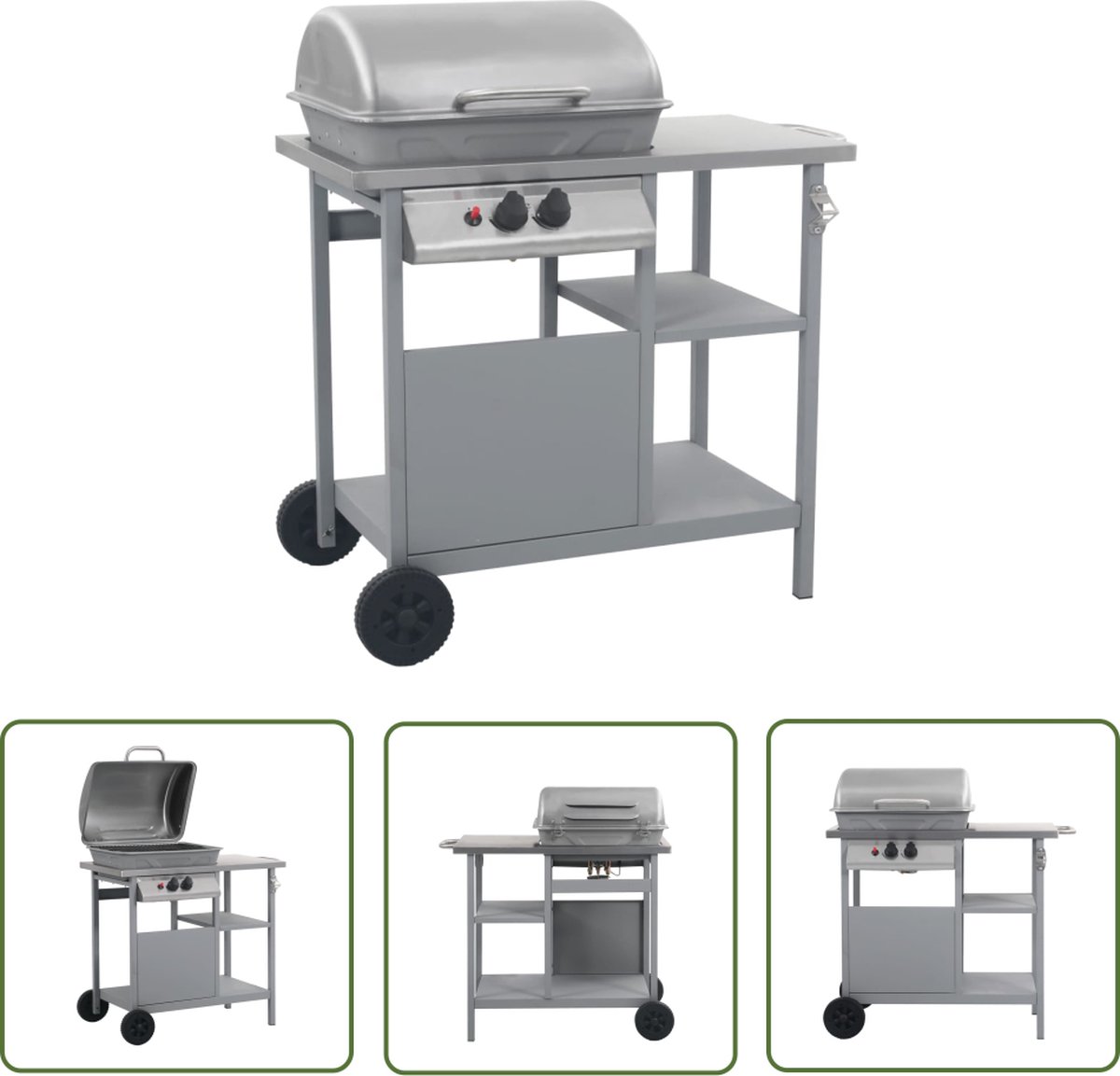 The Living Store BBQ 3-laags zijtafeltje - Gasbarbecue - Gepoedercoat staal en roestvrij staal - 92x53x96cm - Zilver