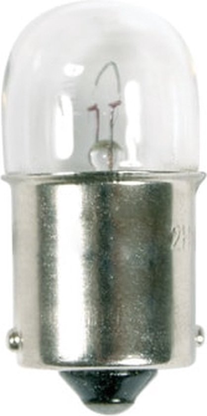 Een enkele gloeilamp met een transparante, bolvormige kop en een metalen bajonetfitting.
