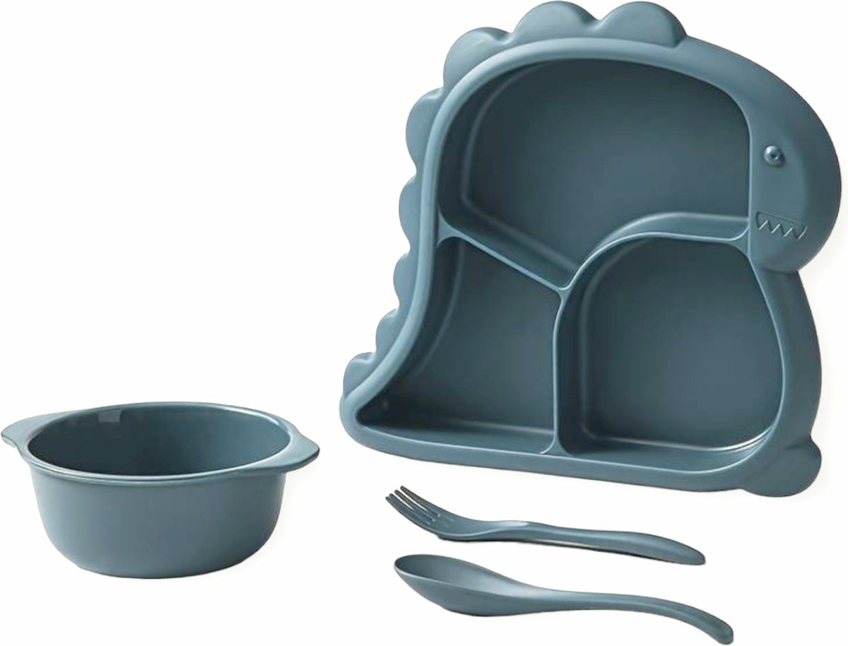 Goedkoopste Kinderservies - Baby servies - 4-delig set - bord - kom - vork - lepel - Dino blauw
