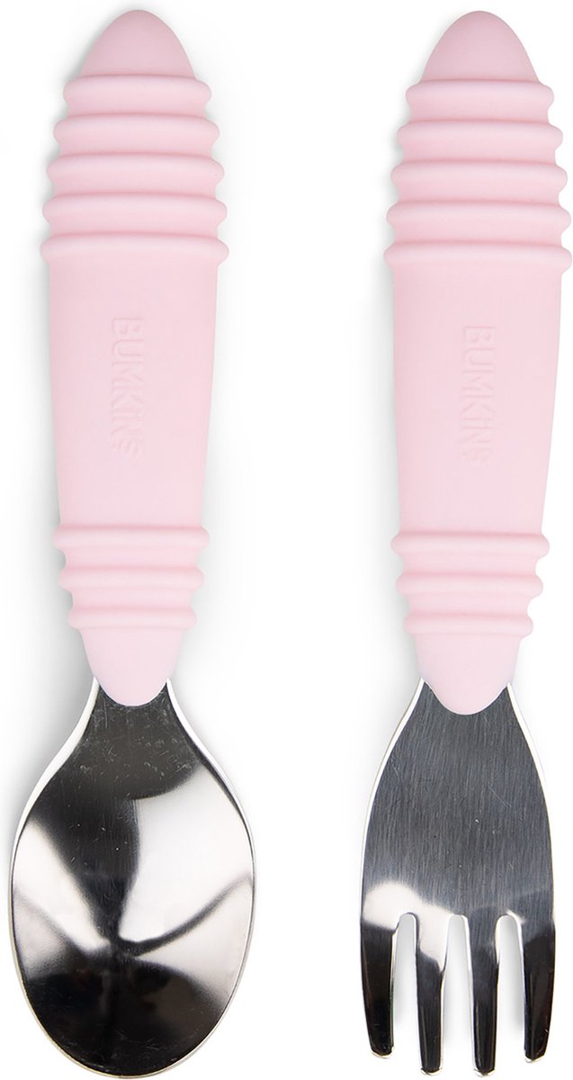 Goedkoopste Bumkins - kinderbestek 2-delig, lepel en vork - rvs en siliconen - roze