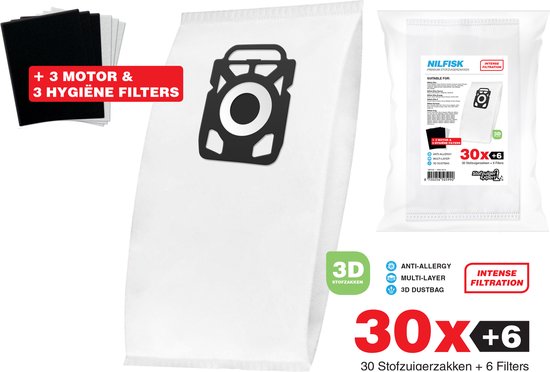 30x Nilfisk Stofzuigerzakken King / Extreme - 3D stofzakken + Filter set - 3x Hygiëne en 3x Motor filters meegeleverd! Premium kwaliteit - Multi lagen - Anti Allergie -Geschikt voor o.a. King, Extreme, Power en Elite Series