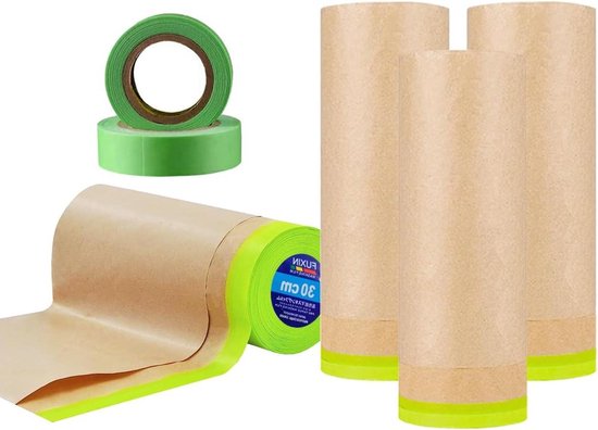 KOVSGQ Afdekpapier, schilder, afdekpapier, kraftpapier, voorgelijmde afdekfolie met zelfklevende strips, zelfklevende afplakband voor schilderwerk, renovaties, autolak (45 cm x 15 m x 3 rollen