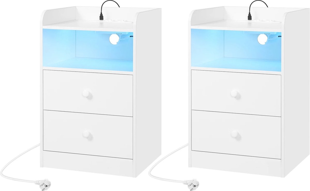 DHN Set van 2 nachtkastjes met USB - Nachtkastjes met Laadstation - LED Verlichting - Bijzettafels met USB en Led verlichting - Wit