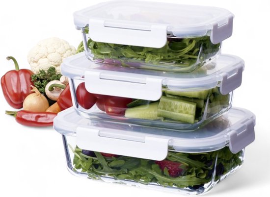 Professionele Vershoudbakjes - (Glas) - Wit - Set van 3 - Meal Prep Bakjes met Deksel - BPA-vrij & Luchtdicht - Vershouddoos in 3 Maten