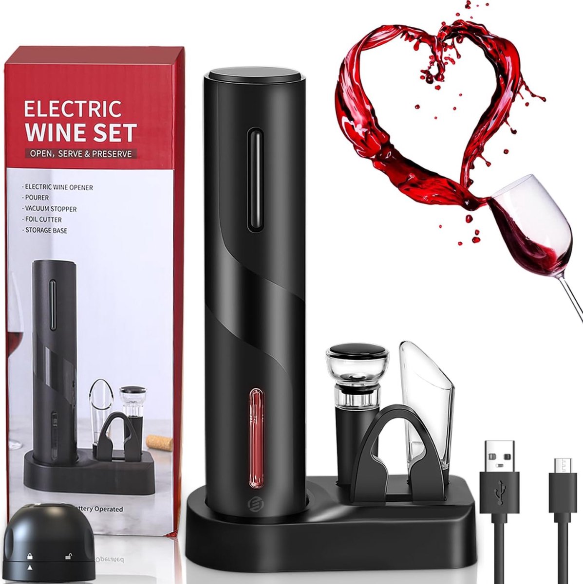 Equivera Elektrische Kurkentrekker Set - Automatische Wijnopener - Wijn Accessoires - Flessenopener - Cadeautip - Premium