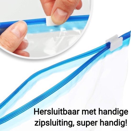 Close-up van een blauwe ritssluiting op een diepvrieszakje, met tekst 'Hersluitbaar met handige zipsluiting'.