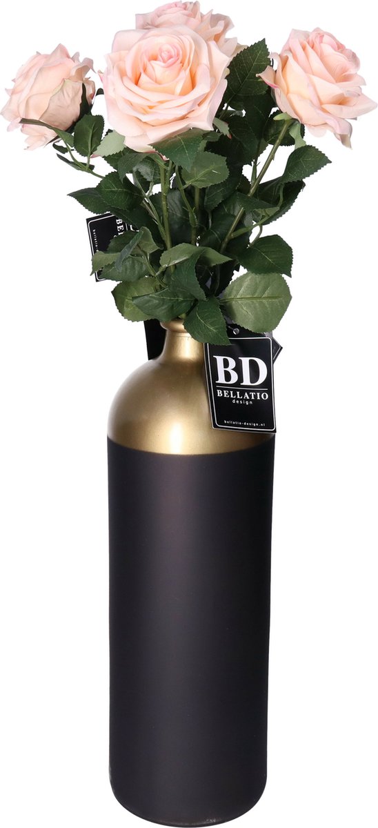 Bellatio Design Kunstbloem Roos Dijon - 5x - 64 cm - lichtroze - zijde kunstbloemen - Boeket - stelen - rozen