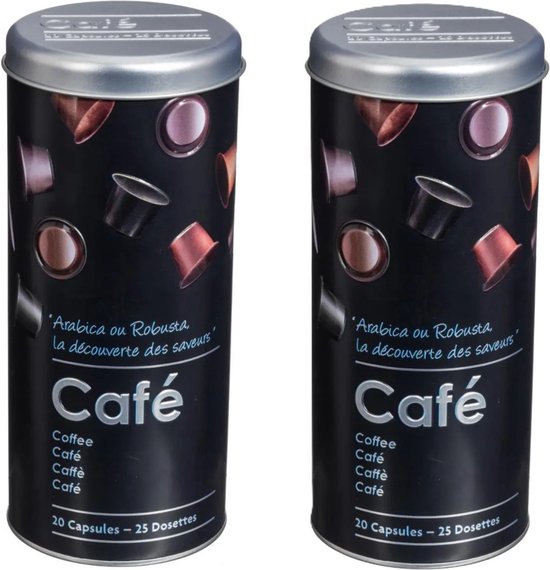 Deux boîtes noires côte à côte avec des capsules de café. Texte 'Café' et '20 Capsules - 25 Dosettes'.