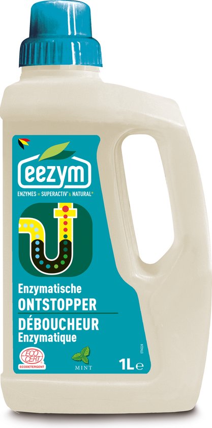 Eezym enzymatische ontstopper in mintsmaak, 1L fles. Logo met U-vormige buis, blad en keurmerk.