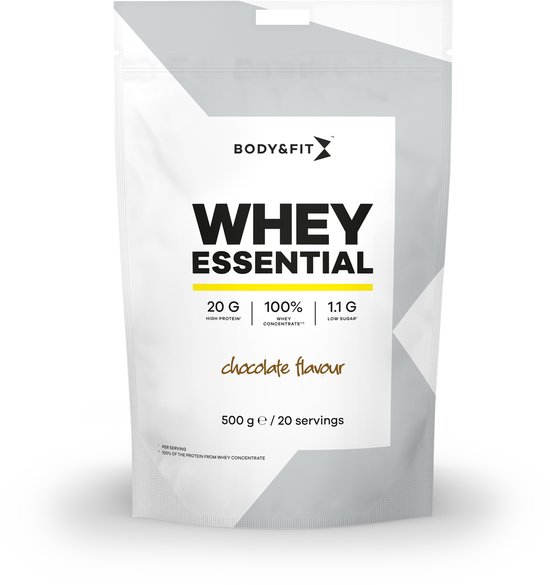 Body & Fit Whey Essential chocoladesmaak 500g verpakking met 20g eiwit per portie.