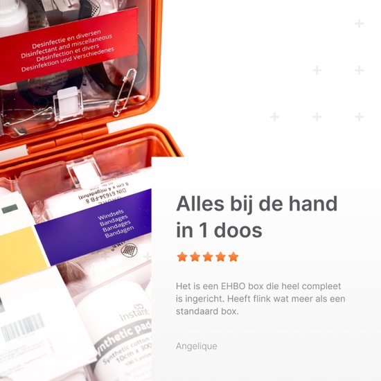 Oranje verbanddoos, gevuld met diverse verbandmiddelen.