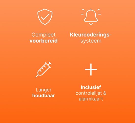 Iconen met tekst: Compleet voorbereid, Kleurcoderingssysteem, Langer houdbaar, Inclusief controlelijst & alarmkaart.