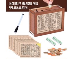 Aventra Geldkist Spaarpot teller van hout - Inclusief Nederlandse Spaardoelkaarten van [€500] [€1000] [€2000] [€3000] [€5000] [€10000] - Inclusief Stift - 8-delige spaarkaarten - Spaarvarken kind en volwassenen - Spaarpotten voor jongens en meisjes