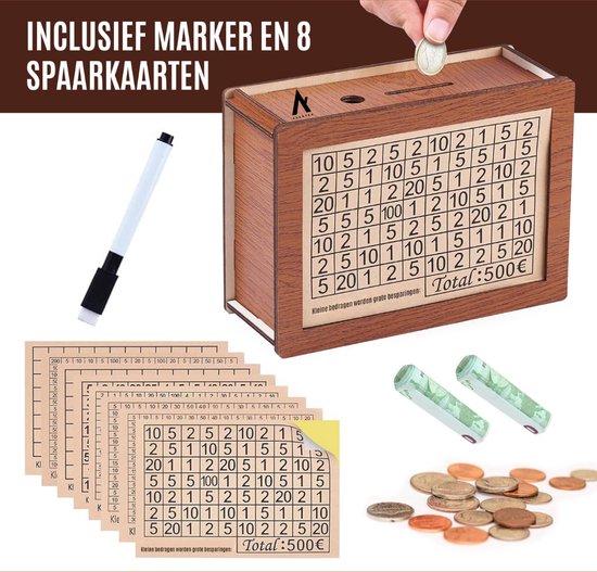 Aventra Spaarpot teller van hout - Inclusief Nederlandse Spaarkaarten van [€500] [€1000] [€2000] [€3000] [€5000] [€10000] - Geldkist Inclusief Stift - 8-delige spaarkaarten - Spaarvarken kind en volwassenen - Spaarpotten voor jongens en meisjes