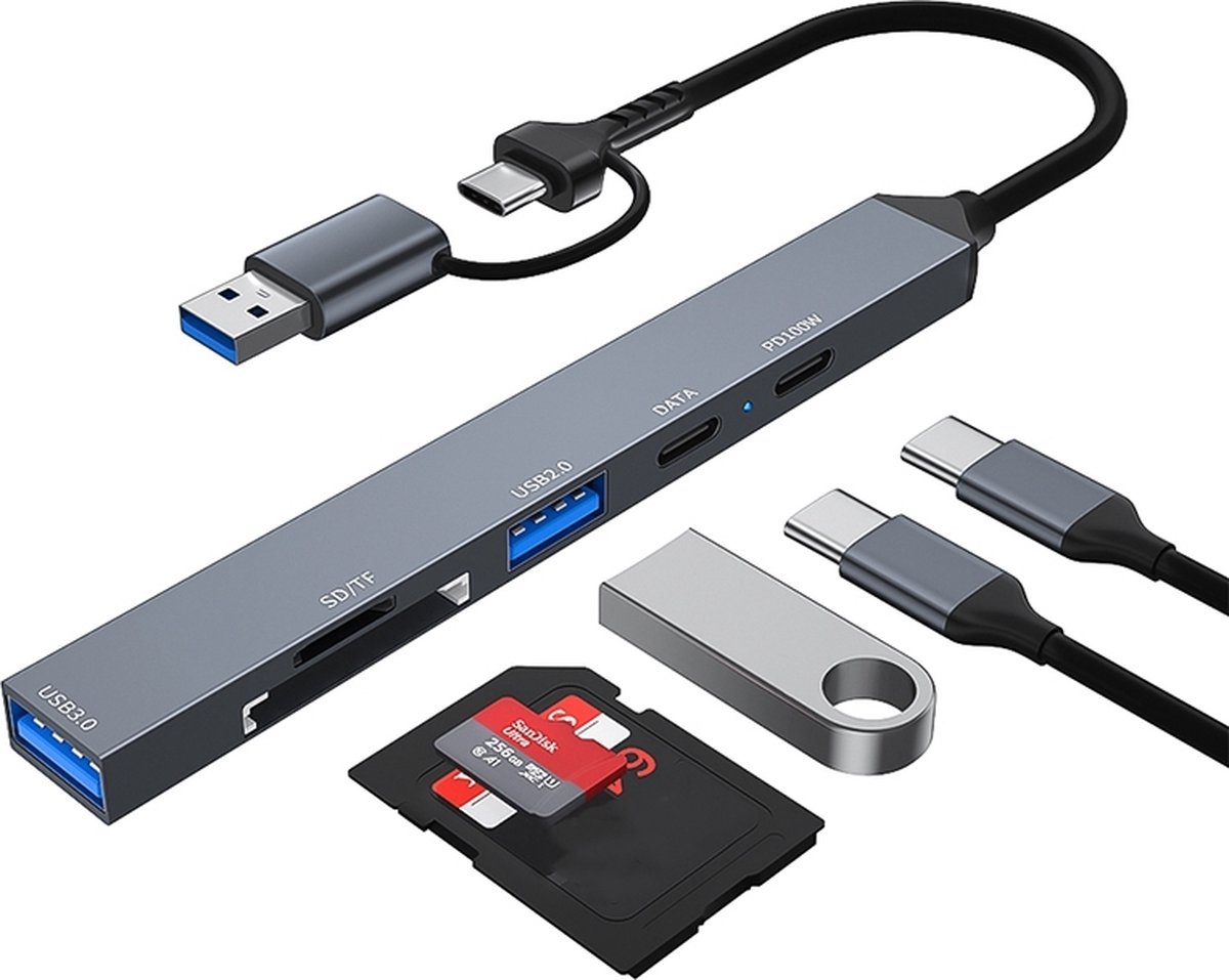 6 IN 1 Adapter Hub splitter kabel - USB-C en USB naar USB 3.0 + USB-C en Micro SD kaartlezer - converter - Grijs - Provium